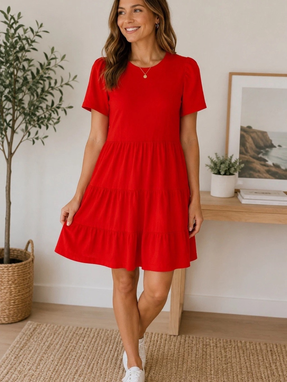 Time and Tru Red Tiered Babydoll Swing Dress Large 12-14